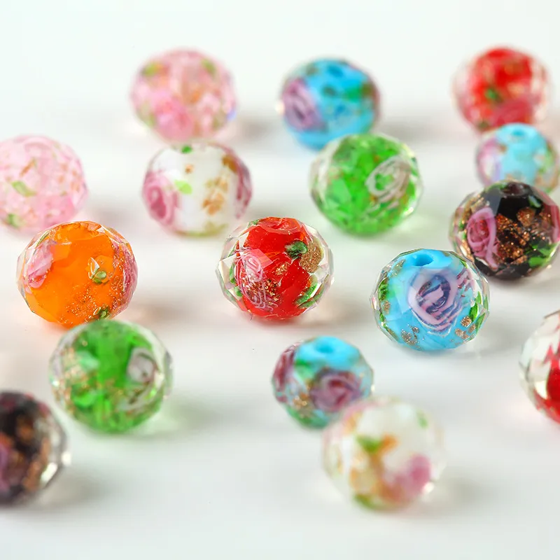 Lampwork Glass Beads for Strands Bracelets Necklace 8mm 10mm 12mm Cut Surface Flower Colored Glaze Bead DIY Jewellery Accessories