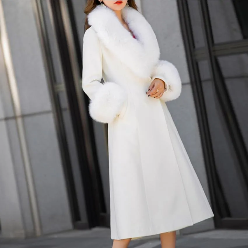 Plus size 3XL!White Woolen Coat Women Overcoat Korean Autumn Fur Collar Warm Long Wool Coat Fashion Winter Jacket Women