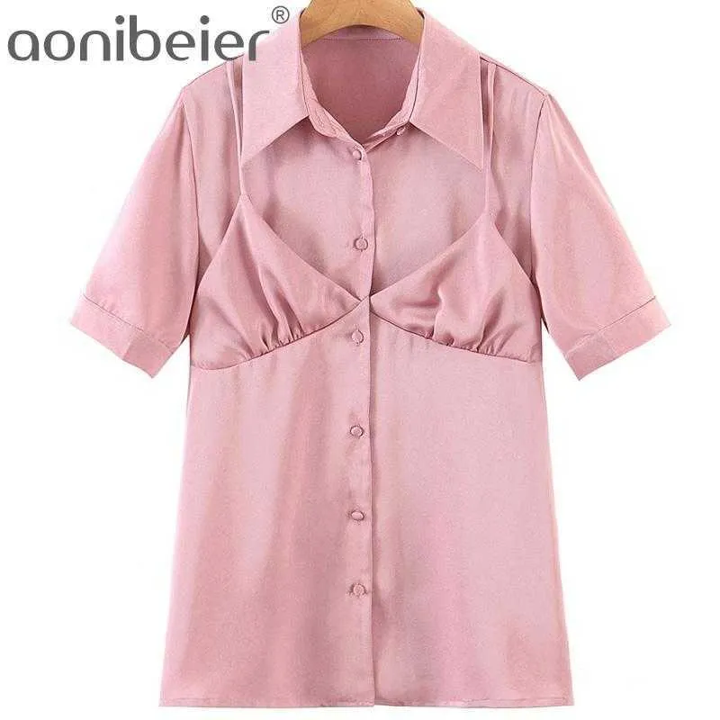 Mode d'été à manches courtes femmes Blouses faux deux pièces boutonné plis dos tunique chemise femme chemises décontractées hauts 210604