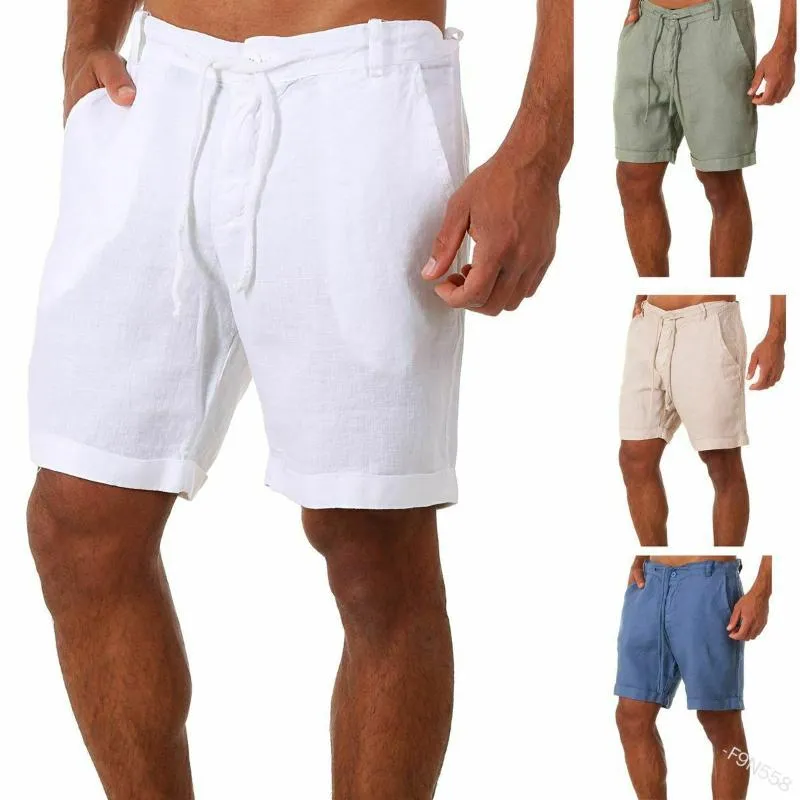 New Fashion Men Summer Casual Short Pants Solid Color Drawstring Elastic Waist Comfy Cotton Linen Shorts