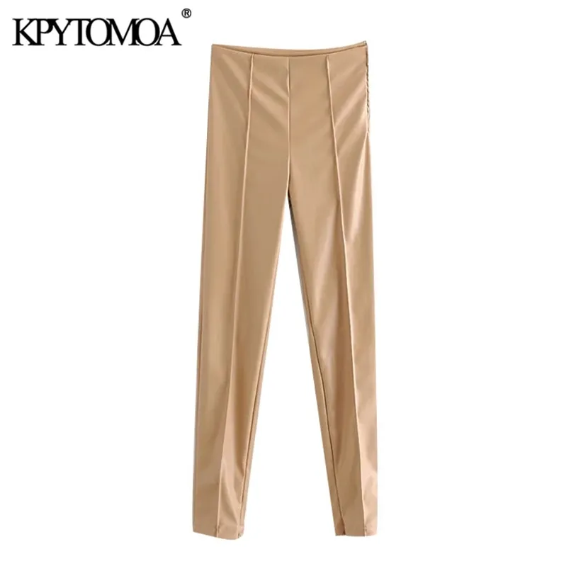 KPYTOMOA Femmes Mode Faux Cuir Pantalon Skinny Vintage Taille Haute Fermeture À Glissière Femelle Pantalon De Cheville Mujer 210915