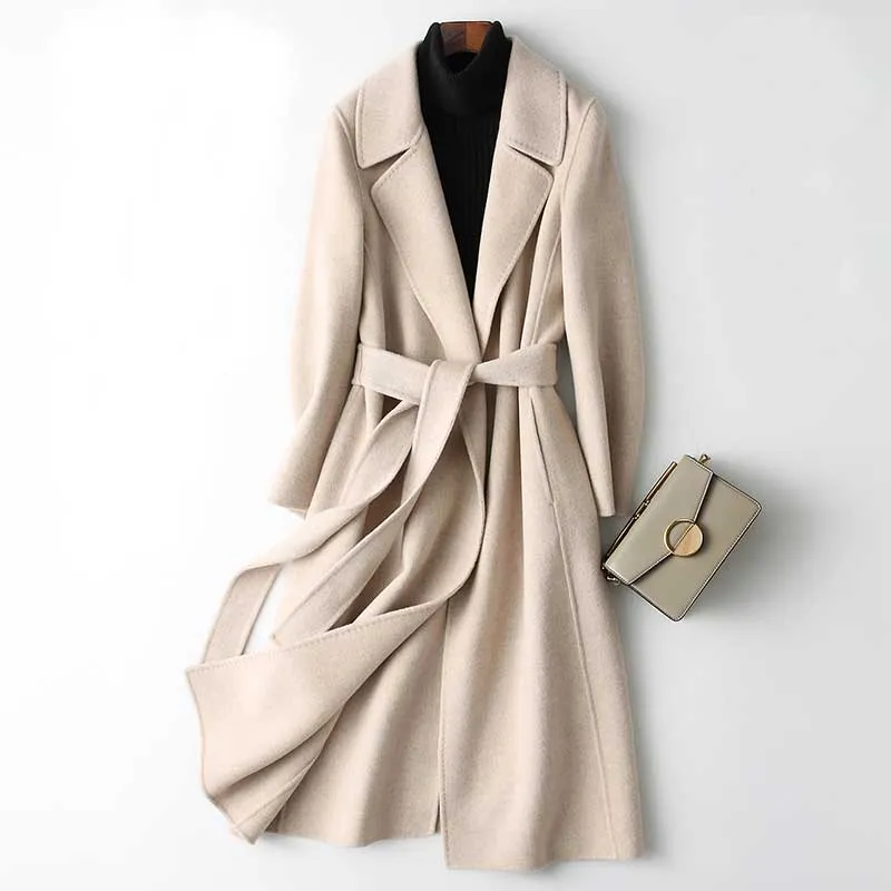 Women Cashmere Long Coat Elegant Turn Down Collar Woolen Coat With Belt Open Stitch Design Winter Warm Coats