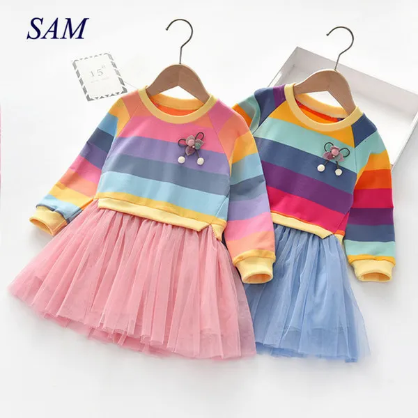 2021 Girls Spring and Autumn Suknie Długie Rękaw Dziecięcy Paski Kolorowe Rainbow Dresses Princess Cute Party Dress for Kids Q0716