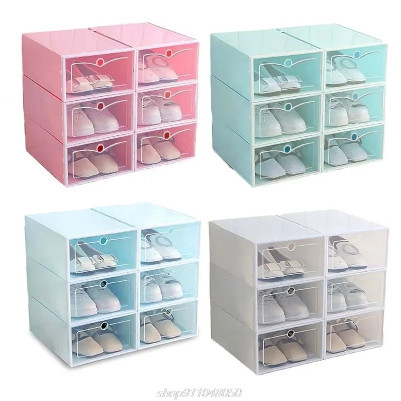 6 uds caja de zapatos de plástico apilable organizador de zapatos plegable cajón caja de almacenamiento Flip transparente señoras 33,5x23,5x13cm D08 20 Dropship 210811