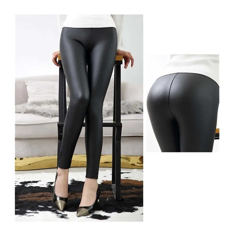 Everbellus Hoge Taille Lederen Leggings voor Vrouwen Zwart Lightmatt Thinthick Femme Fitness PU Sexy Push-up Slanke broek 210925