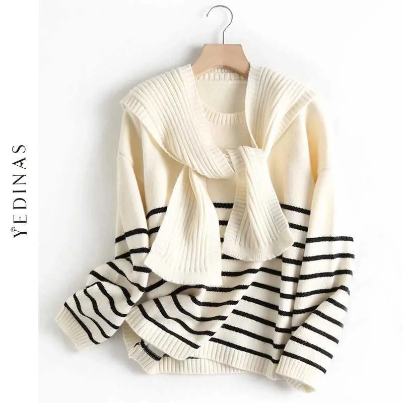 Yedinas Harajuku Sweater Long Sleeve Women O Neck Knit Jumper Striped Shawl Pullover Autumn Winter Korean 210527