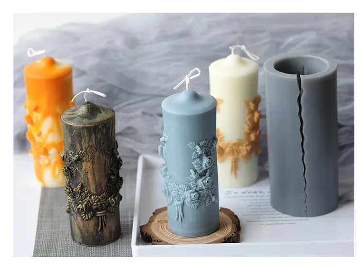 15x5.5cm Big Silicone Carved Column Pillar Candle Molds Cylindrical Mould  Vintage Flowers DIY Large Scented Pillar Candles Making Mold From Homelab,  $11.31