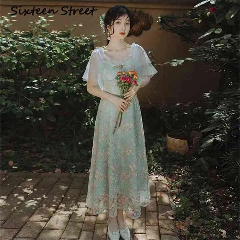 花の刺繍長い女性のドレスVネック半袖フェムレ網Midi Sequinイブニングパーティーエレガントな夏210603