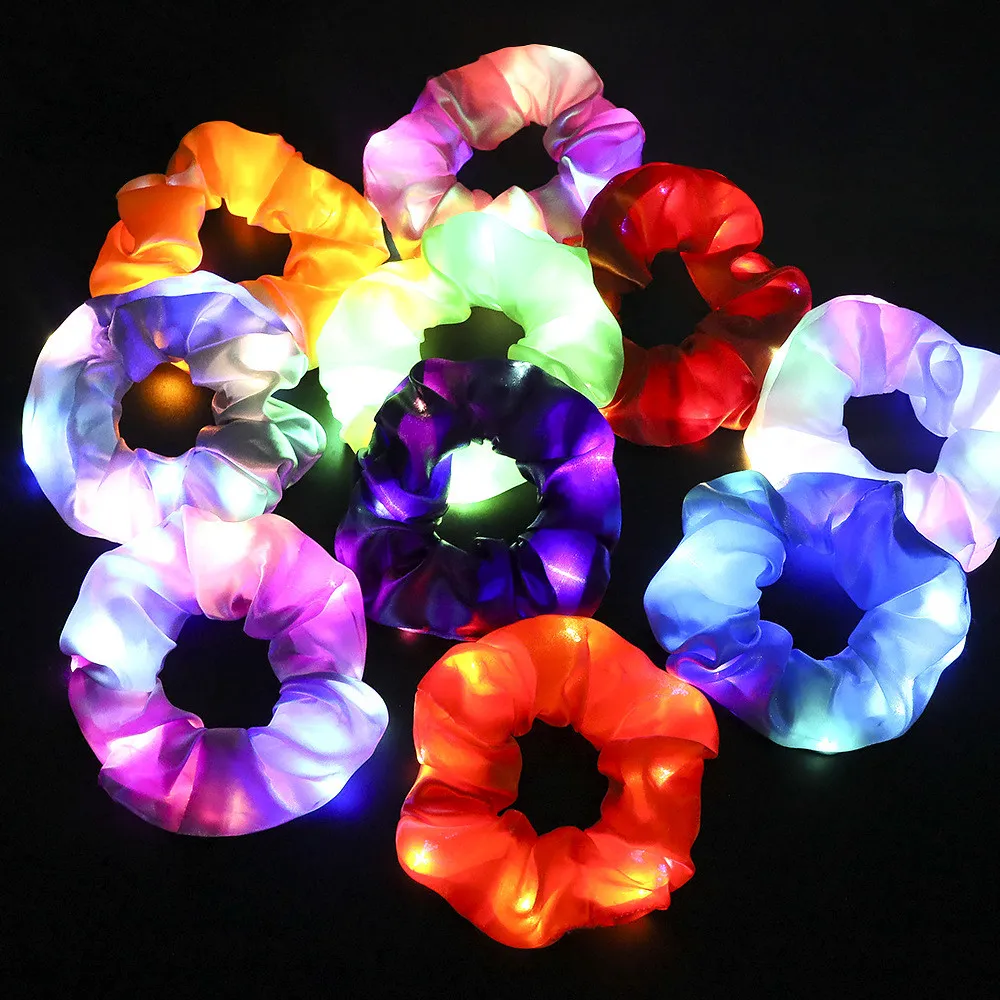 Girls LED Luminous Scrunchies Hairband Ponytail Holder Headwear Elastic Hair Bands Solid Color Hair Accessories 20pcs