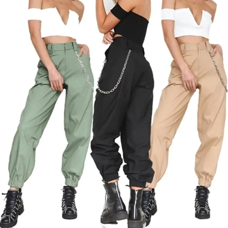 Женские брюки CAPRIS брюки женщин сплошной цвет свободного упругого кармана кармана с цепной хип-стритюрой