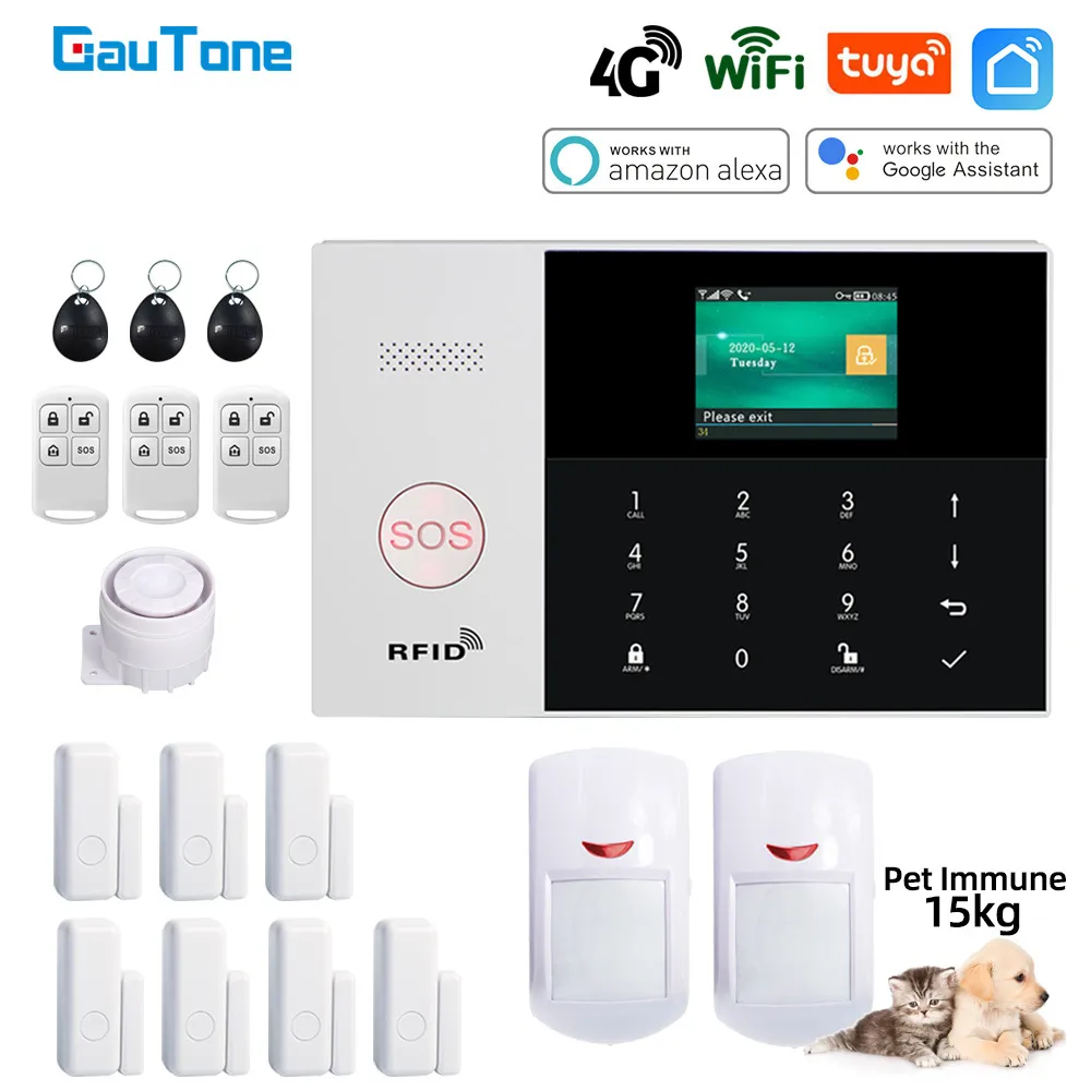 GauTone PG105 4G Allarme WiFi Sistema di telecamere di sicurezza domestica con immunità agli animali domestici Sensore di movimento supporto Alexa Tuya Smart Life