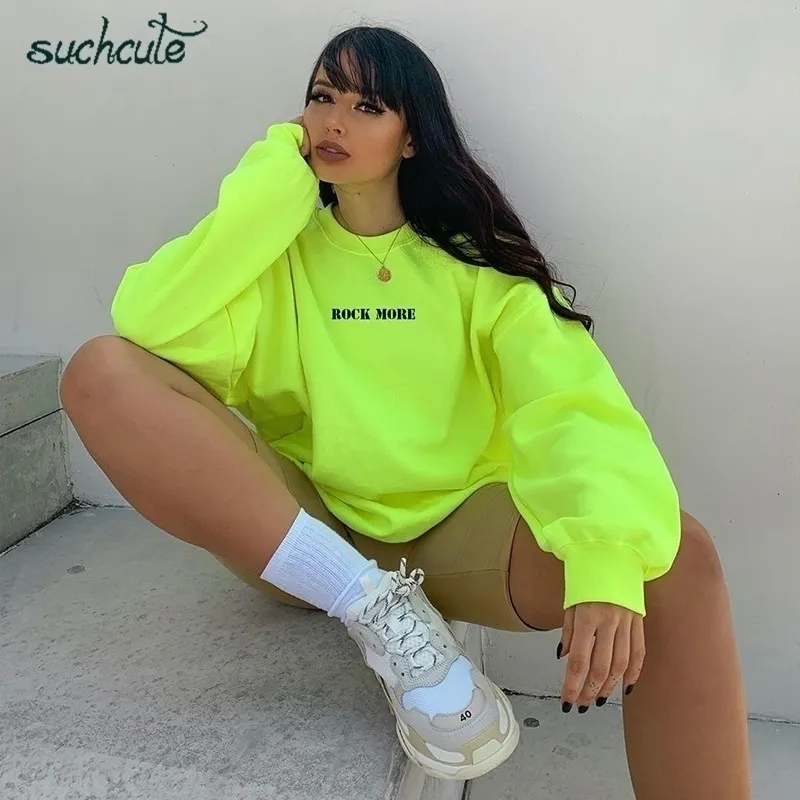 SUCHCUTE Felpe con cappuccio da donna Neon Green Casual Perdere peso Felpa con cappuccio Top Sudadera Mujer Kpop O-Collo Autunno Felpa gotica femminile 201109