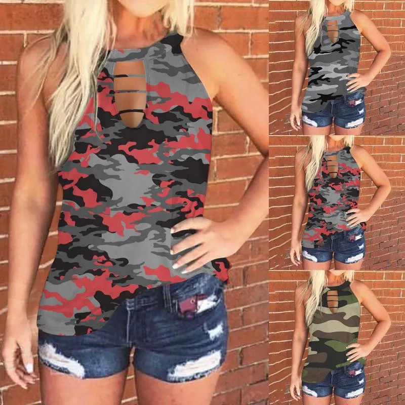 Damskie zbiorniki Camis Moda Kobiet Tie Koszulka Koszulka Femme Mujer Bez Rękawów Tank Top Casual Letni Bluzka Kamuflaż Druku Koszulki Streetwe