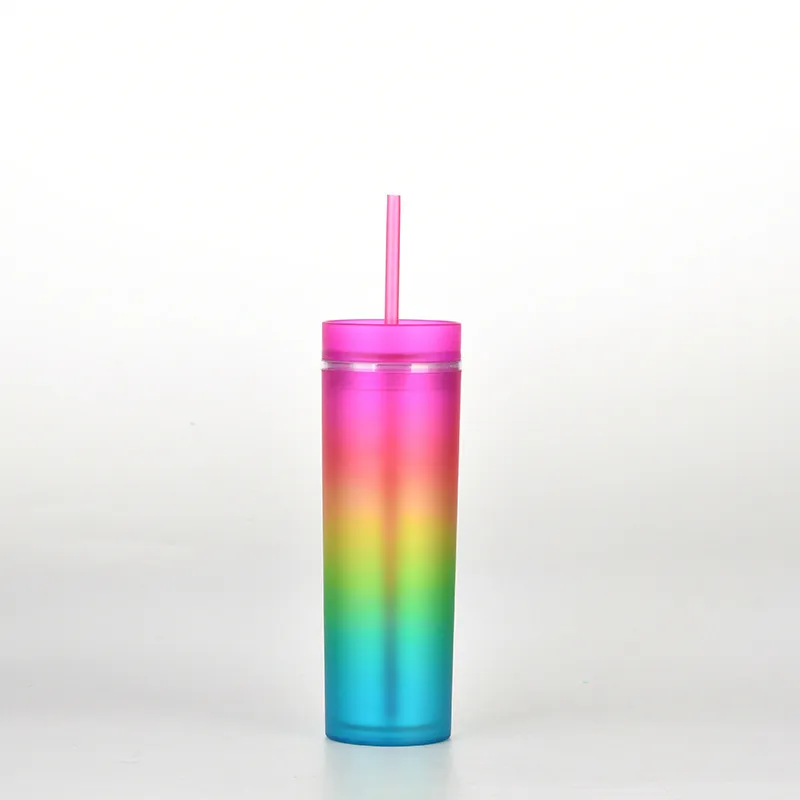 16oz Skinny Tumblers Slim Coffee Mugs Gradient Rainbow Water Cup Double Wall Reusable With Lid and Plastic Straw Beer Drinking