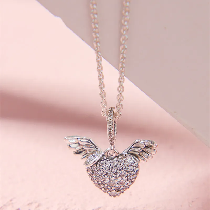 Regalo di Natale Pave Heart Angel Wings Collana 925 gioielli in argento sterling catena collane con ciondolo per donna gioielli in argento 925 Q0531