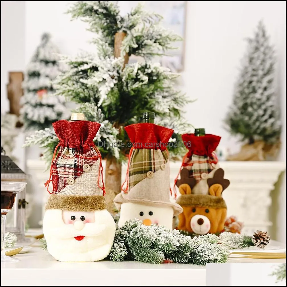 Christmas Wine Bottle Cover Santa Snowman Elk Wine Bottle Set Christmas Table Decoration Drawstring Pocket HWD9830