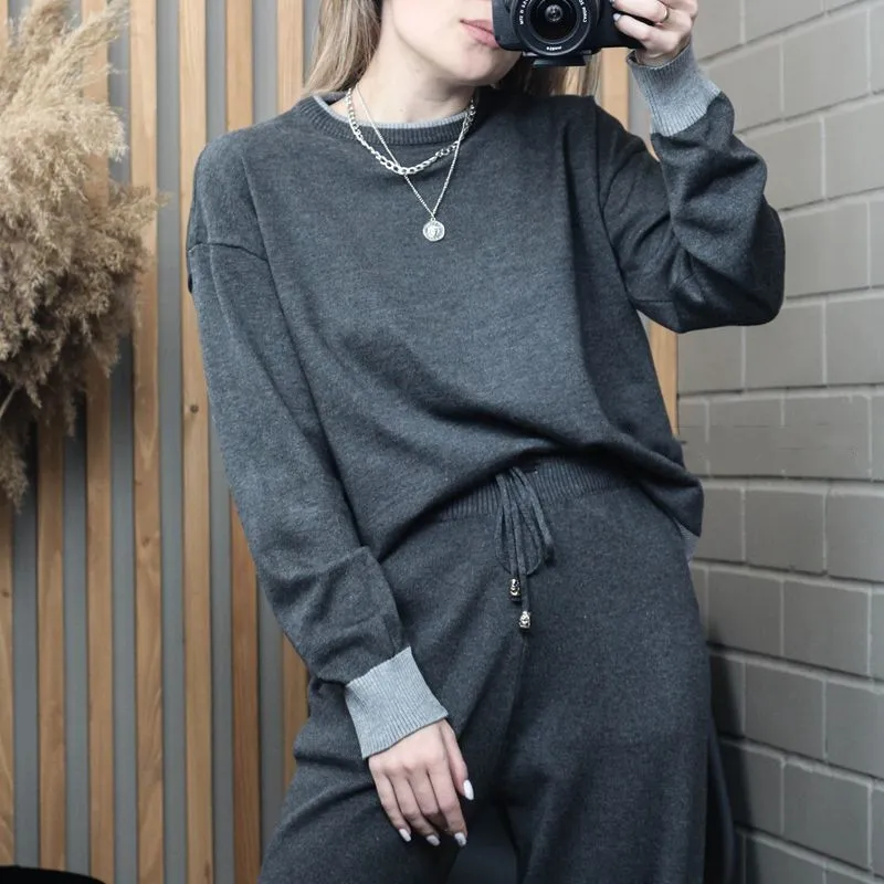 Stickad Drape Wide-ben Pant Suit Winter Warm Two Piece Set Y2K Women Ströja Tracksuits Long Straight Trousers Outfits