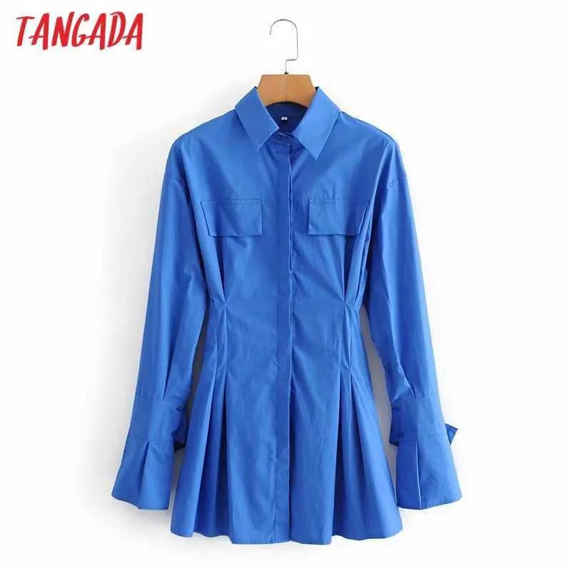 Tangada Fashion Women Solid Blue Shirt Dress Plus Long Sleeve Ladies Turn Down Collar Tunic Mini Dress Vestidos 5D46 210609