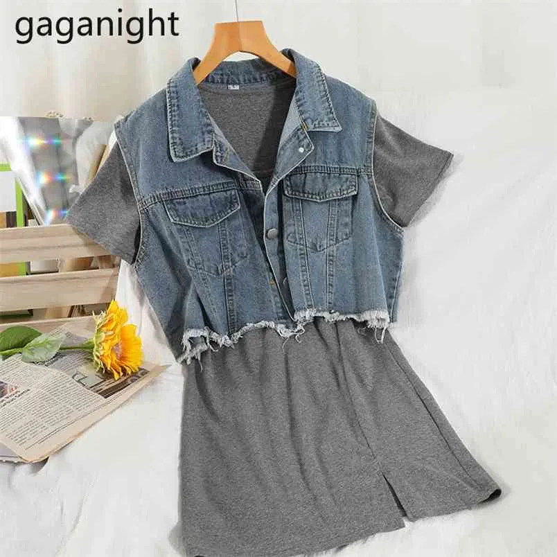 Retro Denim Blue Jeans Waistcoat+Basic Cotton Casual Mini Short Dresses Suits Elegant 2 Pcs Outfits Women Set 210601