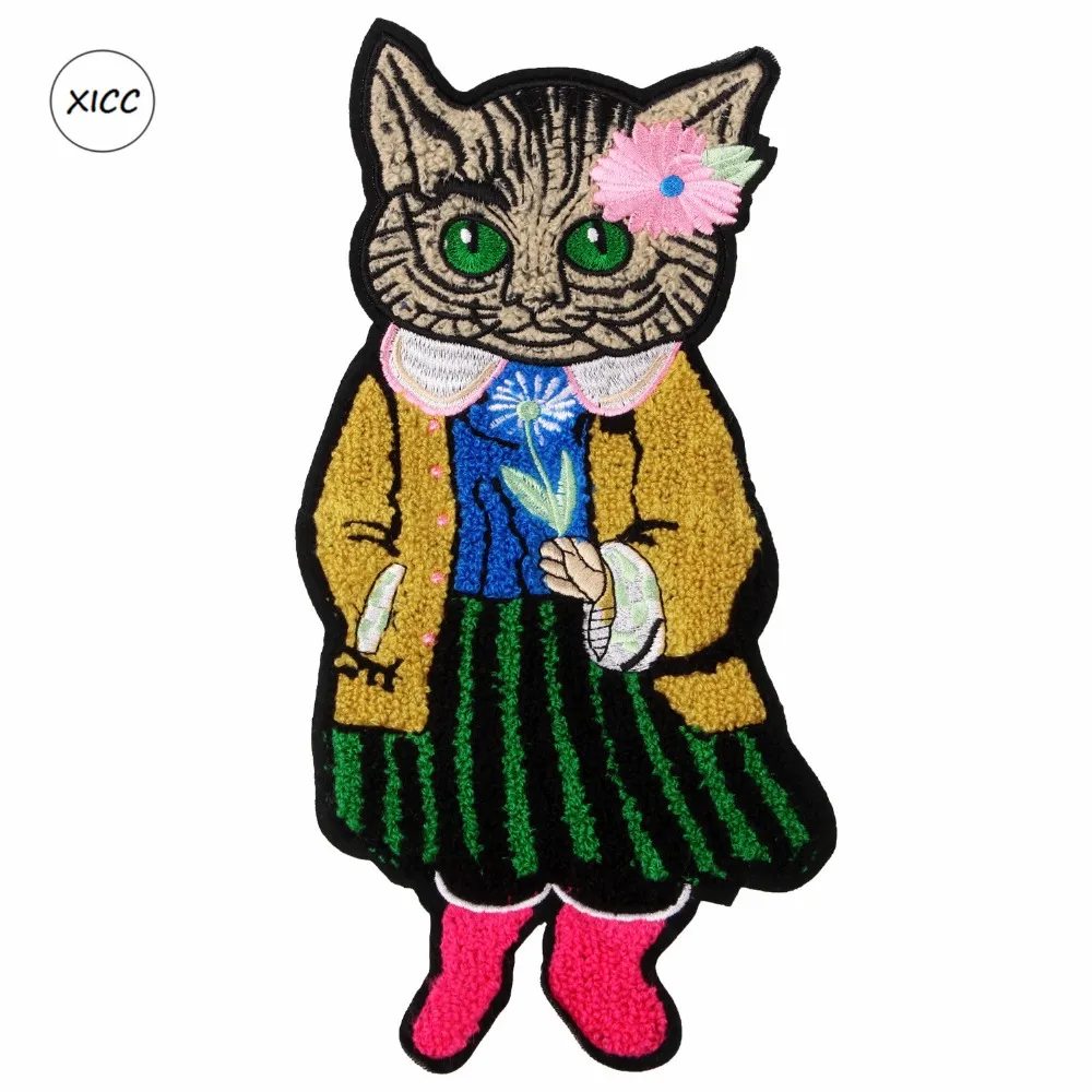 Big Size Towel Embroidery Cartoon Cat Head Chenille Badge Custom Sewing on Patch Super Human Body Patchwork Sticker Appliques for Clothing Bags