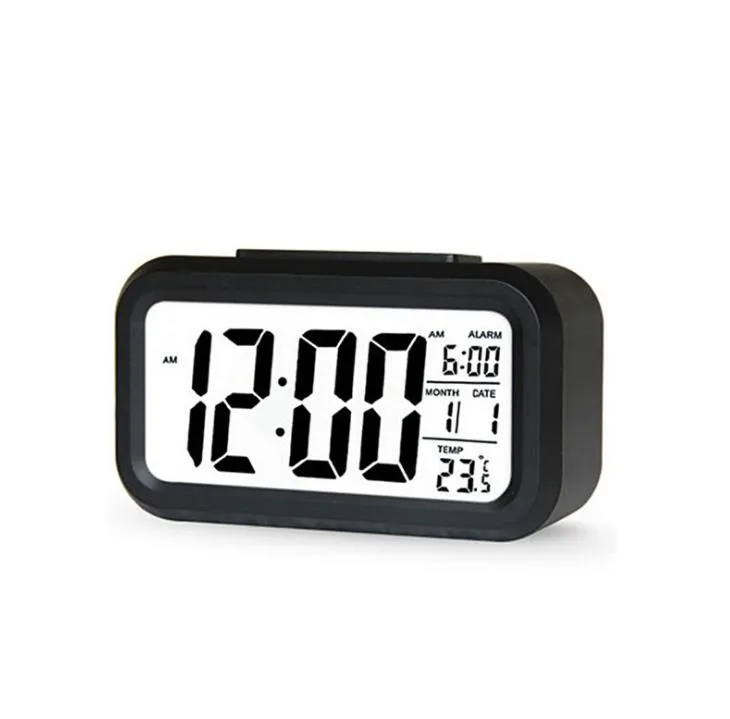 Plastic Mute Alarm Clock LCD Smart Temperature Cute Photosensitive Bedside Digital Alarms Clocks Snooze Nightlight Calendar SN4072