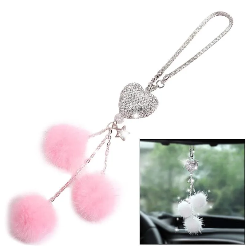 Decorações de interiores Car Blingbling Pinging Retrogramview Mirror Acessórios para mulheres que brilham decoração de charme macio macio rosa Ball Wall Hangin