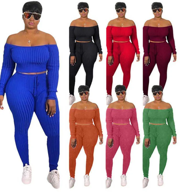 Designer Women Plus Sizes Tracksuits New Fashion Long Sleeve Off Shoulder Crop Top Leggings Sexy 2 Piece Sets Outfits Casual Sportswear