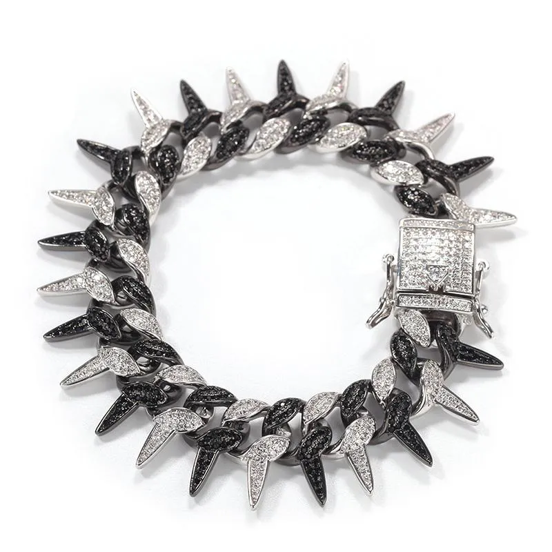 Bracelets de charme Hip Hop Prong Réglage CZ Pierre Noir Blanc Deux Tons Solide Rivet Spike Lien Chaîne Bracelets Pour Hommes Rappeur Bijoux