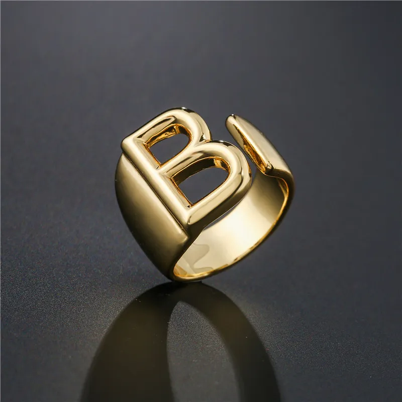 Hollow A-Z Letter Gold Color Metal Adjustable Opening Ring Initials Name Alphabet Female Party Wide Trendy Jewelry