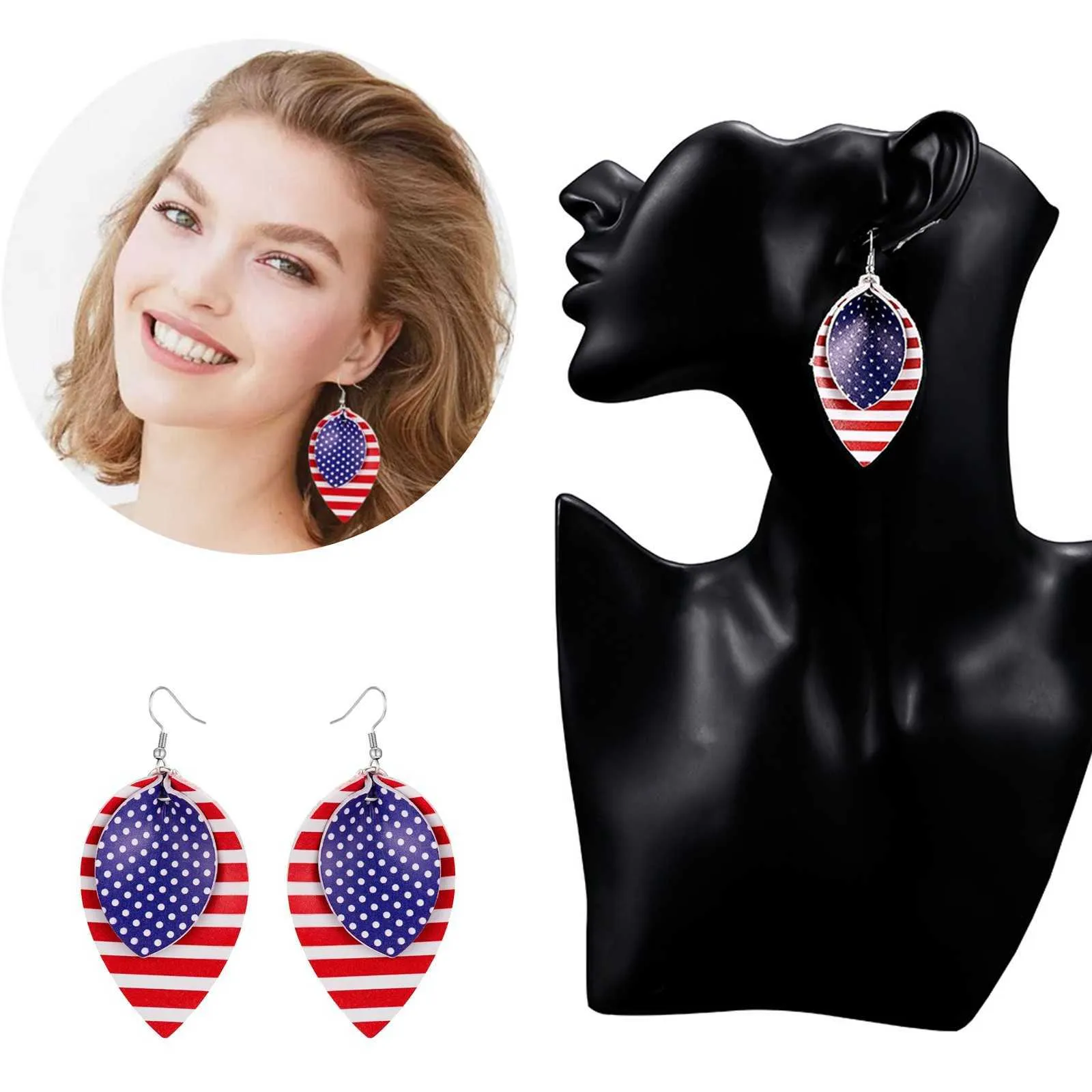 Handgemaakte Multilayer Lederen Oorbellen Amerikaanse Vlag Blad Teardrop Oorbellen Damesmode Sieraden American Independence Day geschenken Q0709