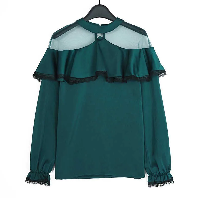 PERHAPS U Femmes Blanc Vert À Volants En Mousseline De Soie À Manches Longues Chemise À Manches Longues Blouse B0144 210529