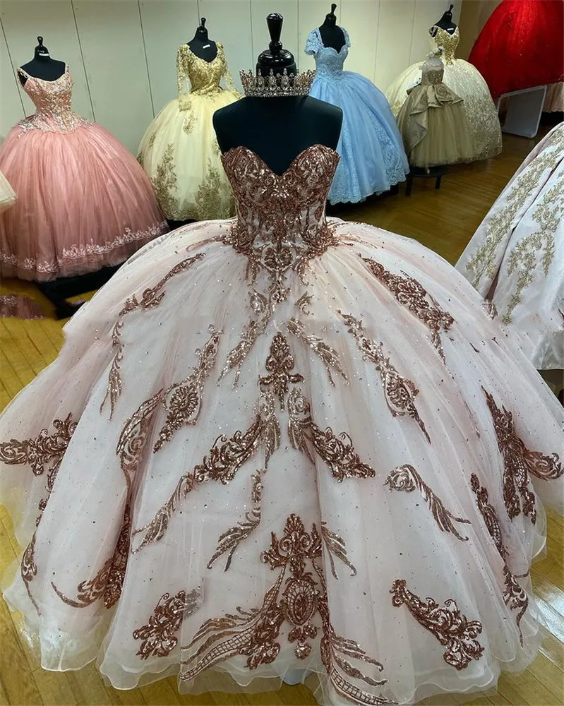Vestidos de xv años rose guld paljetter quinceanera klänningar älskling korsett spets-up tillbaka sequined boll klänning söt 16 klänning