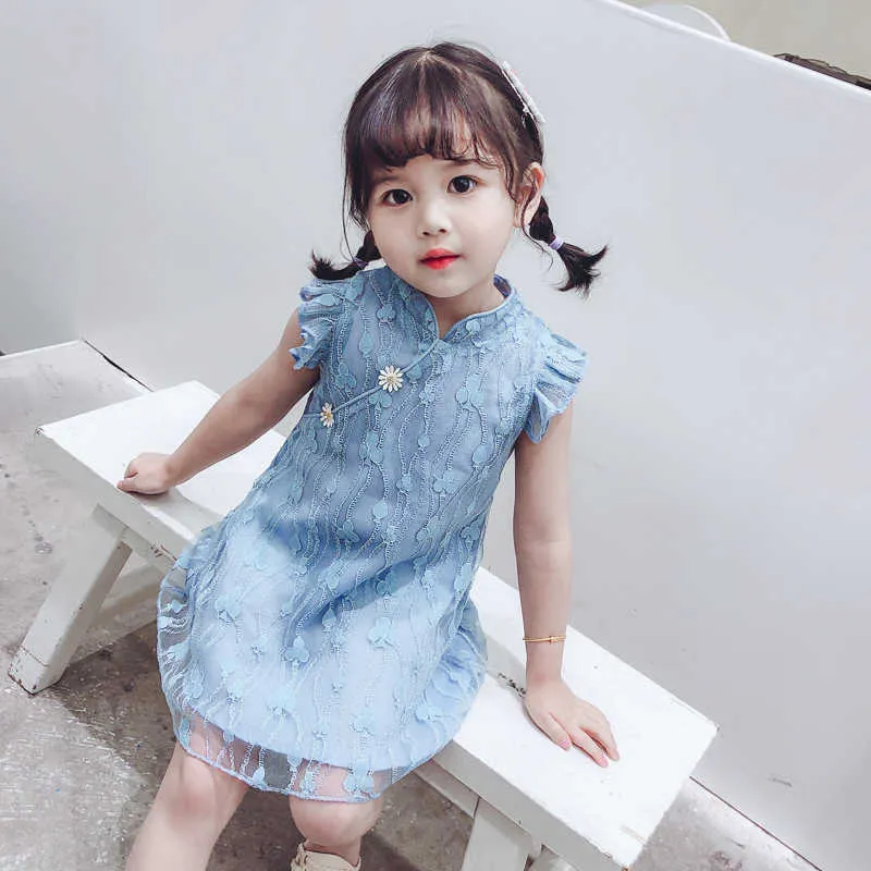 Abito estivo da principessa cheongsam Abito tradizionale cinese Abito da bambina in pizzo con fiore Costume da festa nuziale Abbigliamento per bambini Q0716