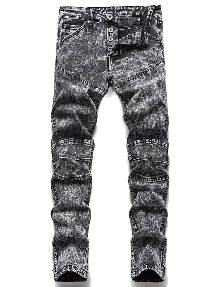 Szary Smażony Snowflake Lokomotywa Moda Moto I Moto Dżinsy Męskie Stretch Stretch Ripped Slim Fit Denim Spodnie Streetwear