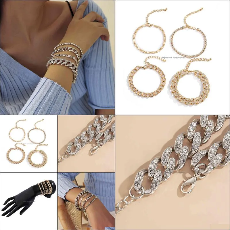 Jewelry punk dark diamond Cuban Bracelet Set women`s sweet cool stacked chain hollow out