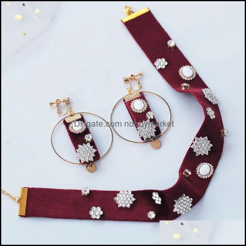 Wedding Jewelry Sets Korean Bride Wine Red Velvet Satin Headband Hair Band Necklace Dual-Use Accessories Earrings Dress