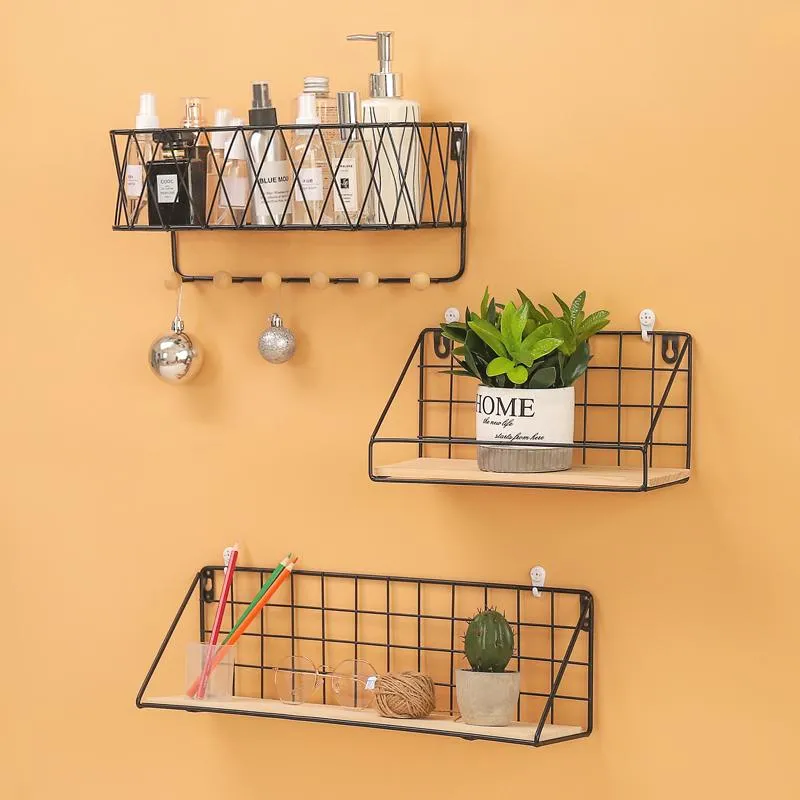 Hooks & Rails Wooden&Iron Wall Shelf Organizer Holder Kitchen Supplies Hanging Storage Cabinet For Home/ Bathroom/ Household Items