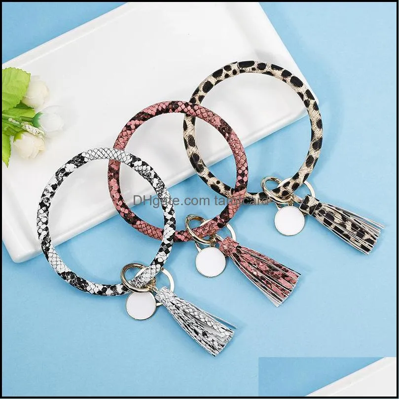 Wholesale Multi-colors PU Leather O Bracelet KeyChains Circle Cute Same Color Tassel Wristlet Keychain For Women Girls