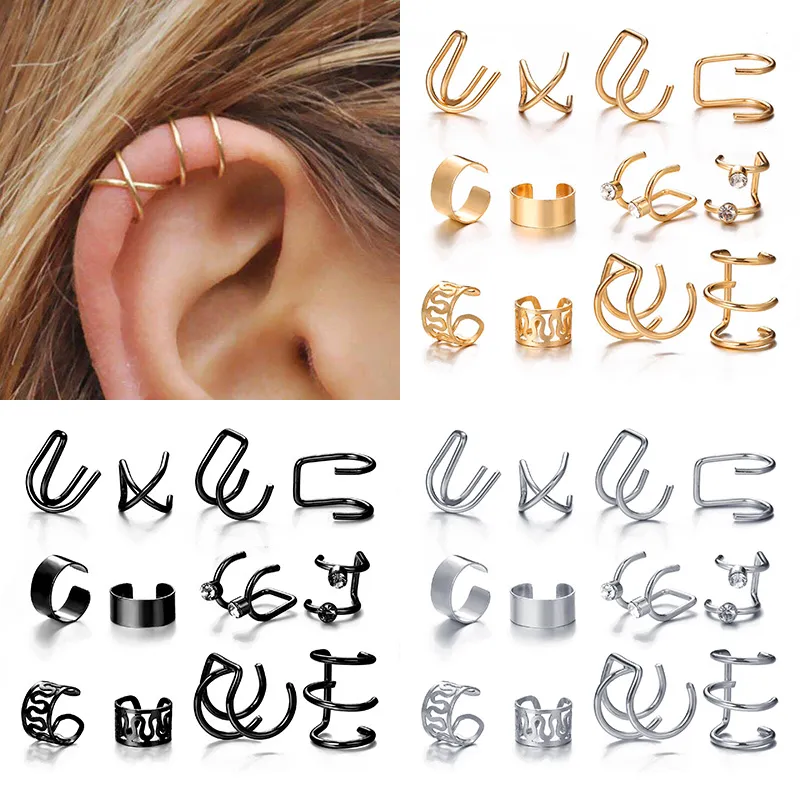 12 pçs/lote Punk Simples Clip On Brincos Conjunto Para Mulheres Brincos Parafusos Atrás Sem Piercing Ear Cuff Moda Feminina Festa Jóias Presente