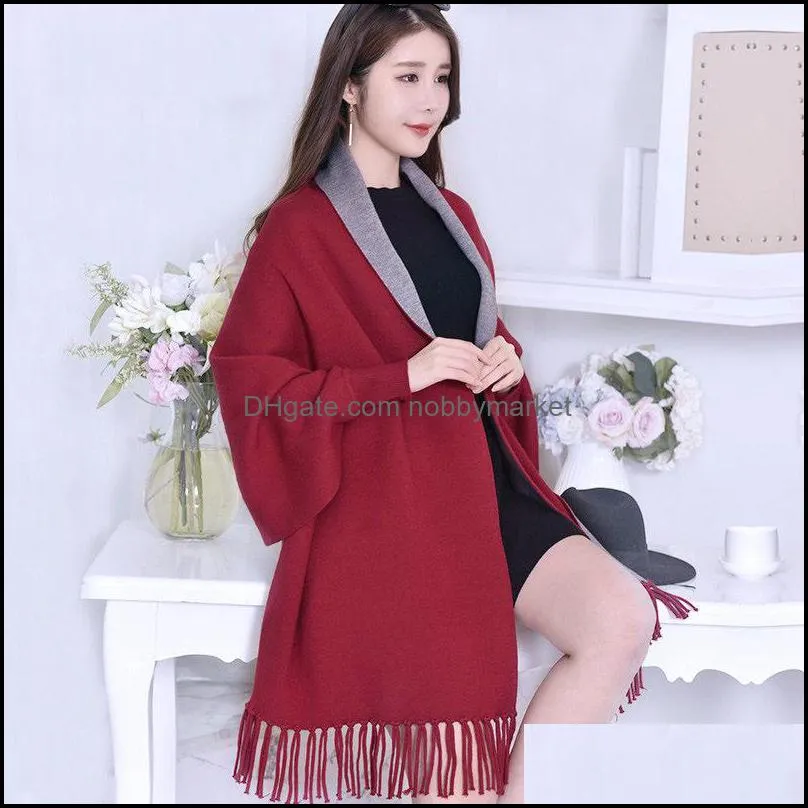 Winter Reversible Ponchos Women Capes Luxury Pashmina Thick Warm Shawl and Wraps Ladies Solid Red Stole Scarf With Sleeves 201026