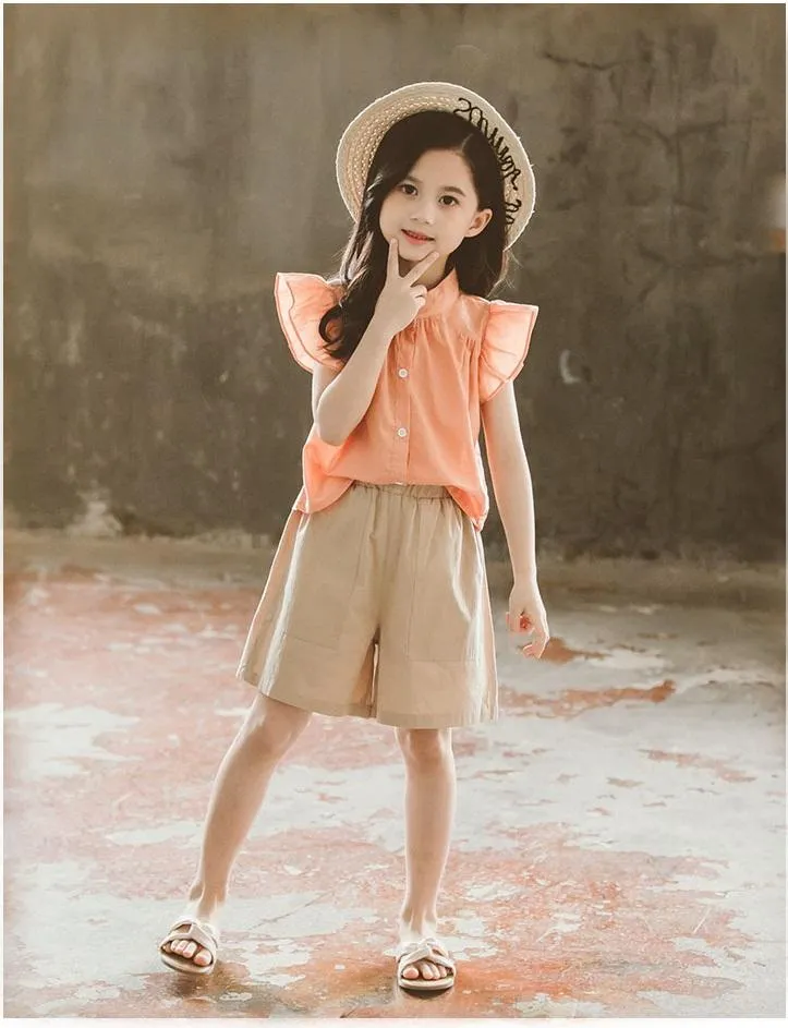 Clothing Sets Summer Cute Female Baby Small Flying Sleeves Round Neck Shorts Two-piece Large Children's Girls Outdoor Leisure Suit