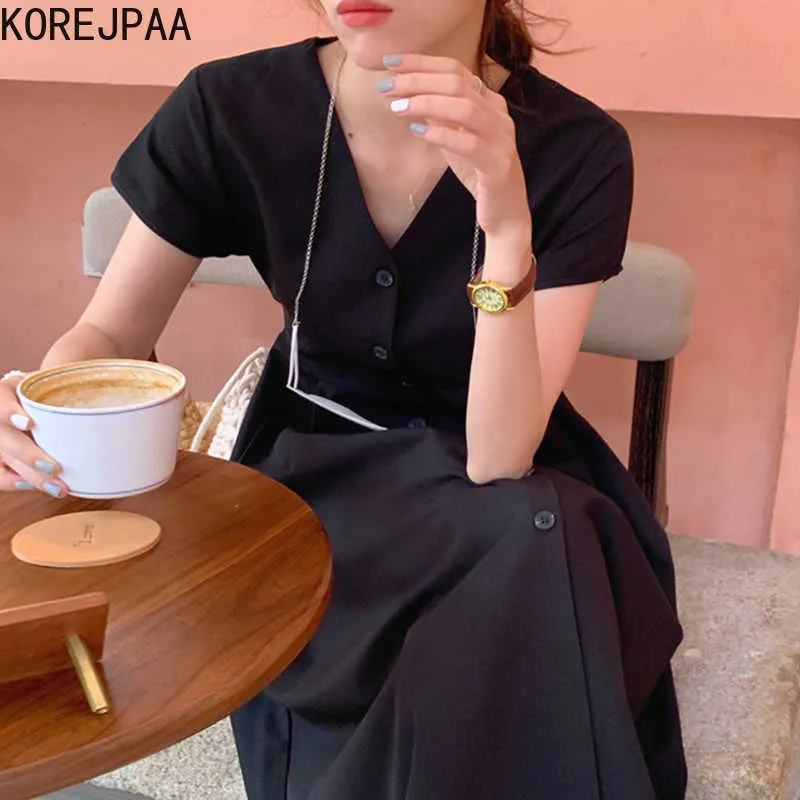 Korejpaa femmes robe coréenne Chic français élégance col en v creux dos simple rangée bouclé plissé taille à manches courtes Vestido 210526