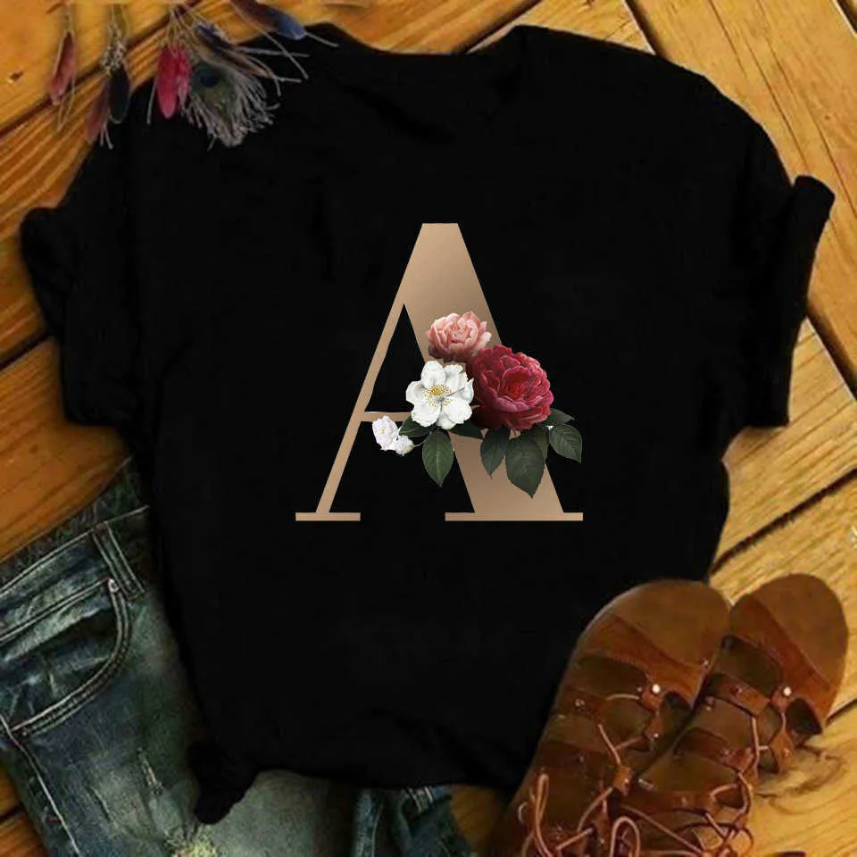 Kvinnor T-shirts Toppar Anpassad Namn Brev Kombination Kvinnors T-shirt Tshirt Blomma Letter Font A B C D E F G Svart Tees T-shirt x0628