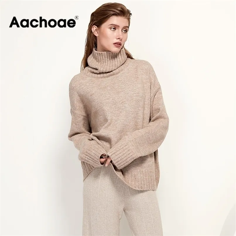 Aachoae Autumn Winter Women Knitted Turtleneck Wool Sweaters Casual Basic Pullover Jumper Batwing Long Sleeve Loose Tops 211120
