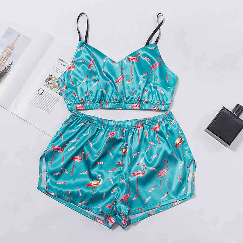 Suspender simulation silk screen printed women's leisure comfortable sexy charm home clothes two-piece set 211202