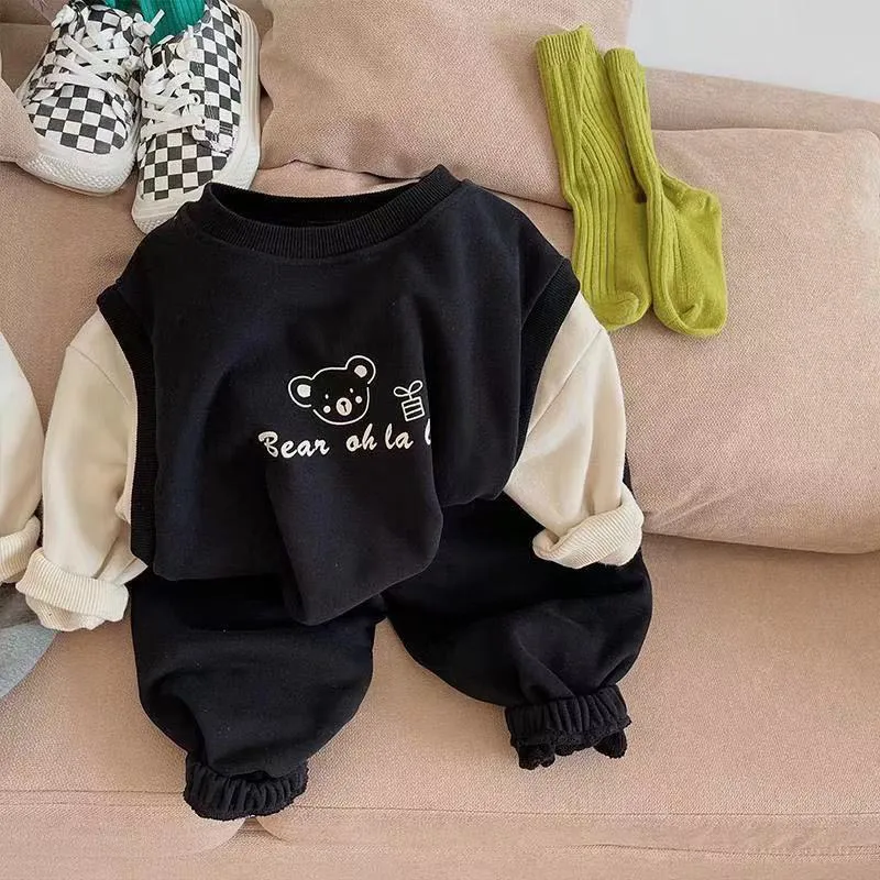 Autumn And Winter Sets Tide Fan Neutral Black Ray Cotton Sweater Children`s Clothes Two Piece Suit