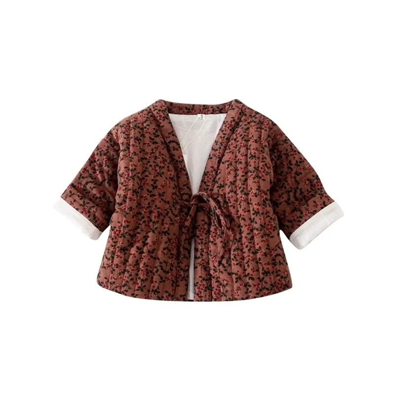 Winter Baumwolle bedruckte pastorale Schnürung kurze gesteppte Baumwolltuch Baumwolljacke für Mädchen Baby Winterkleidung 210701