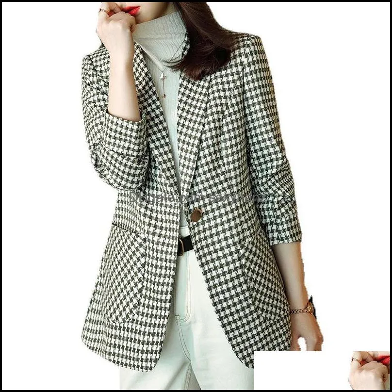 Women`s Suits & Blazers Plaid Black White Basic Jacket Korean Stylish Office Working Costumes