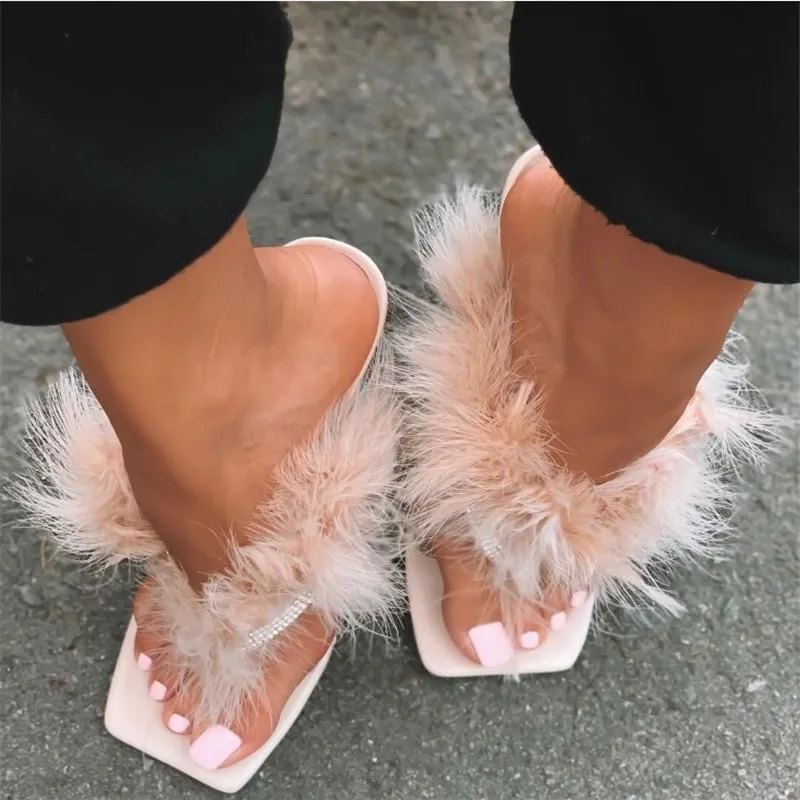 Slippers Summer Sexy CRYSTAL FLIP FLOPS Square Toe Slides High Heel Fashion Outside Slip On Thin Heels Fluffy Wome Mules