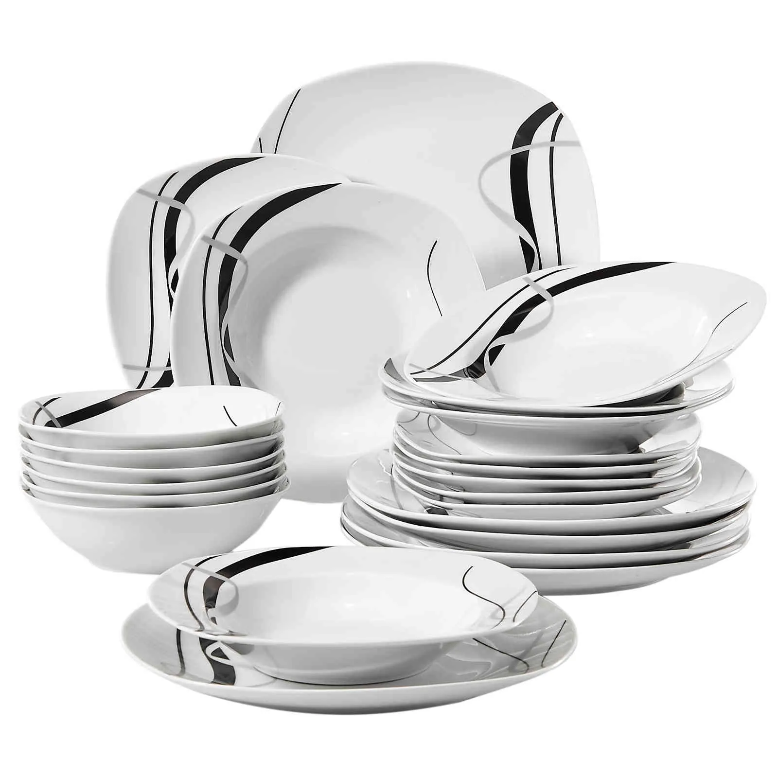 VEWEET FIONA 24-Piece Ceramic Black Plate Combi-Set Porcelain Tableware Set of Bowls/Dessert Plates/Soup Plates/Dinner Plates